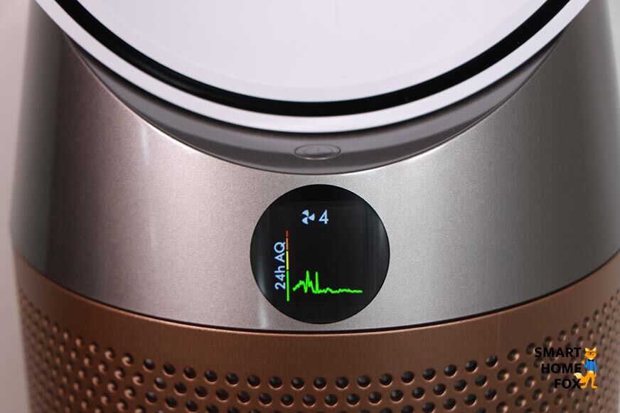 Auf dem Display des Dyson Purifier Cool TP09 Luftreinigers wird ein Anstieg und Abstieg gemessener Werte angezeigt